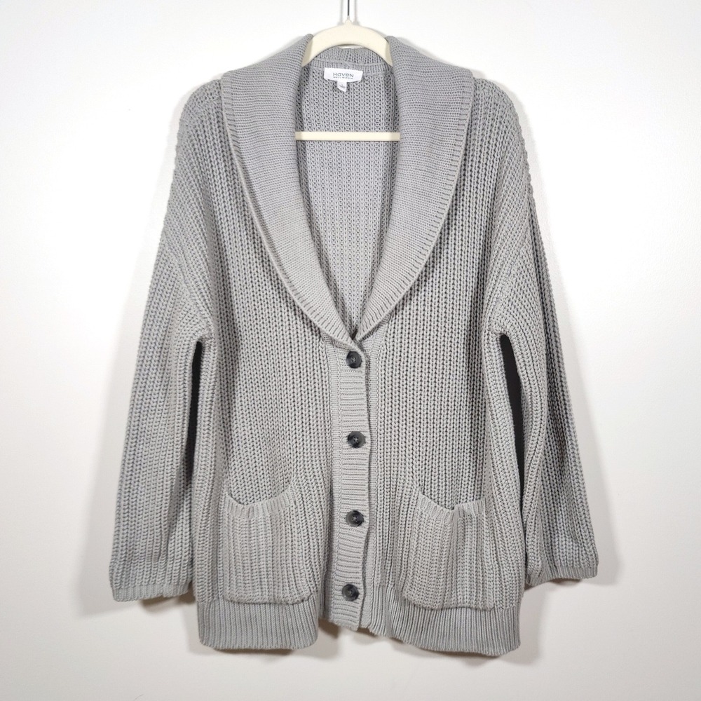 Haven Well Within Chunky Knit Cardigan L Gray Cotton Blend Shawl Collar Cozy